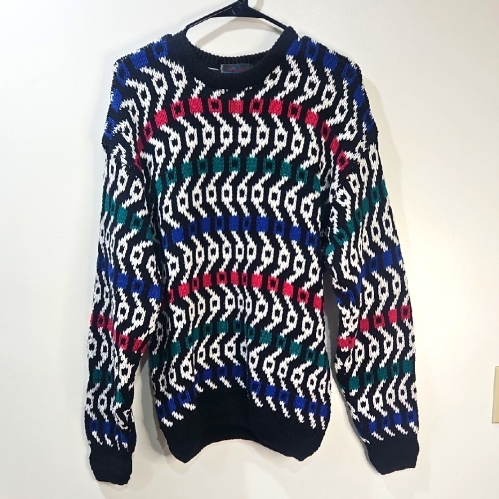 Vibrant Crewneck Sweater with Black and Blue Accents